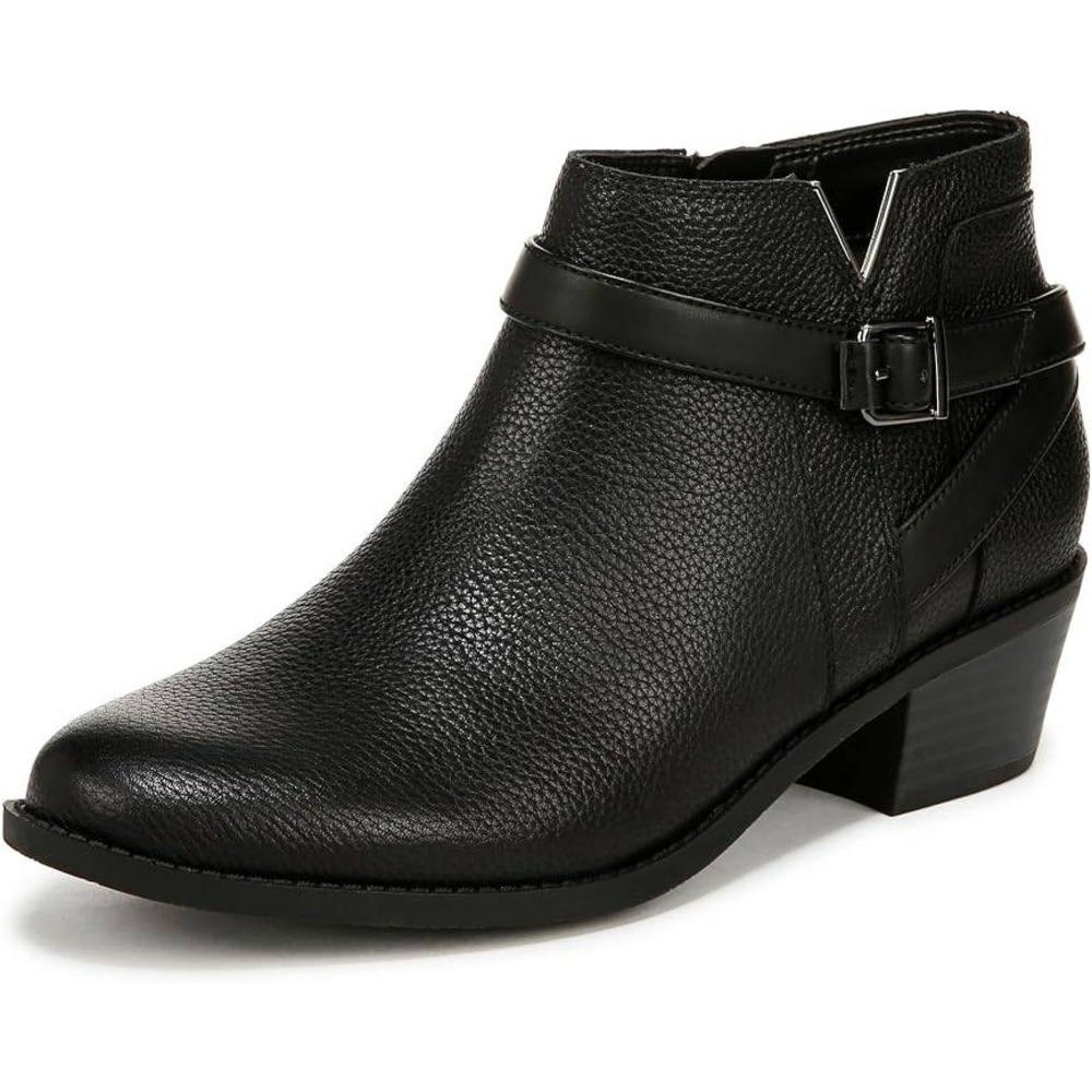 Vionic Black Pebbled Leather Buckle Ankle Boots Block Heel Side Zip - Picture 2 of 11